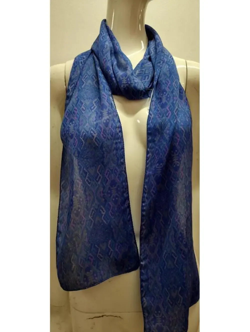 Vintage 1990s Abstract Pure Silk Very Long Scarf Cobalt Blue Blues Diamond Chic